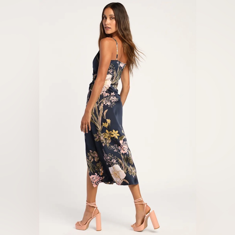 Lulus Remarkable Entrance Navy Blue Floral Print Satin Midi Dress - Size M - Picture 2 of 5